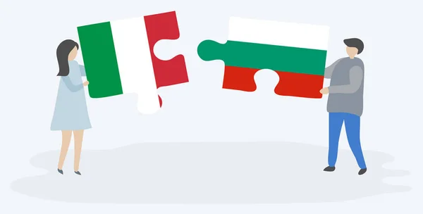 Para Trzymania Dwóch Puzzli Włoskich Bułgarskich Flag Symbole Narodowe Włoch — Wektor stockowy