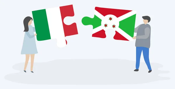 Pareja Sosteniendo Dos Piezas Rompecabezas Con Banderas Italianas Burundesas Italia — Vector de stock