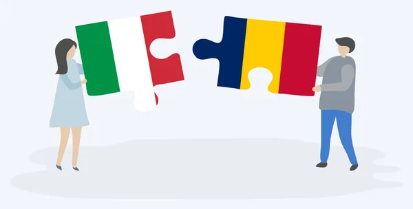 Casal Segurando Duas Peças Quebra Cabeças Com Bandeiras Italianas Chadianas — Vetor de Stock