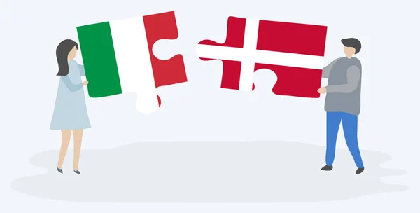 Ζευγάρι Που Κρατά Δύο Κομμάτια Παζλ Ιταλικές Και Δανικές Σημαίες — Διανυσματικό Αρχείο