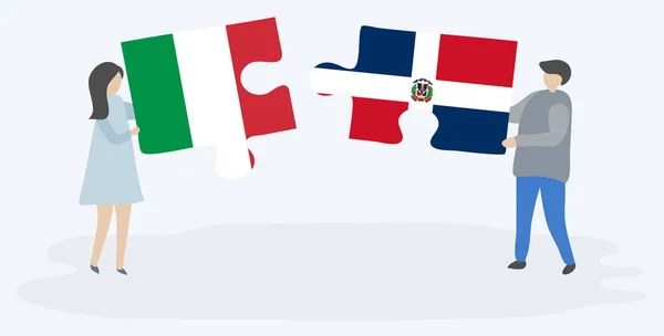 Couple Tenant Deux Pièces Puzzles Avec Des Drapeaux Italiens Dominicains — Image vectorielle