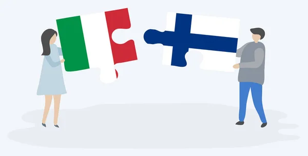 Pareja Sosteniendo Dos Piezas Rompecabezas Con Banderas Italianas Finlandesas Italia — Vector de stock