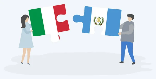 Par Som Innehar Två Pusselbitar Med Italienska Och Guatemalas Flaggor — Stock vektor