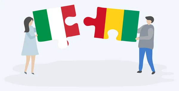 Couple Tenant Deux Pièces Puzzles Avec Des Drapeaux Italiens Guinéens — Image vectorielle