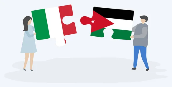 Casal Segurando Duas Peças Quebra Cabeças Com Bandeiras Italianas Jordanianas —  Vetores de Stock