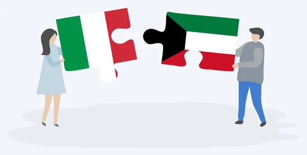 Pareja Sosteniendo Dos Piezas Rompecabezas Con Banderas Italianas Kuwaitíes Italia — Vector de stock