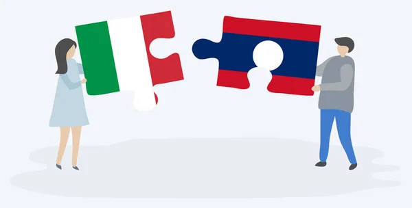 Пара Проведення Двох Головоломок Штук Італійською Лаоська Прапори Італія Лаос — стоковий вектор