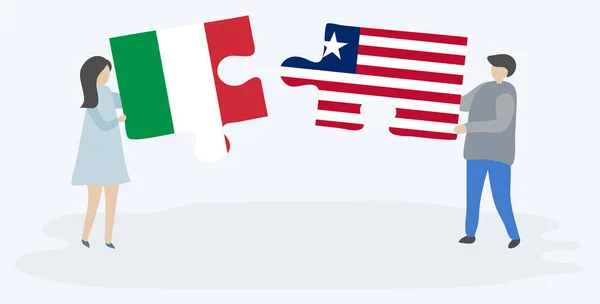 Para Trzymania Dwóch Puzzli Włoskich Liberyjskich Flag Włochy Liberia Symbole — Wektor stockowy
