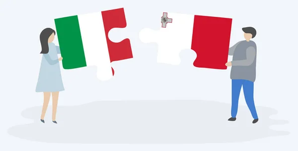 Pareja Sosteniendo Dos Piezas Rompecabezas Con Banderas Italianas Maltesas Italia — Vector de stock