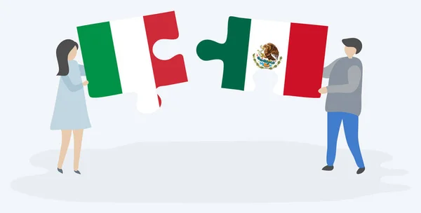 Pareja Sosteniendo Dos Piezas Rompecabezas Con Banderas Italianas Mexicanas Italia — Vector de stock