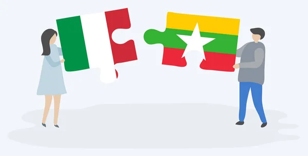 Pareja Sosteniendo Dos Piezas Rompecabezas Con Banderas Italianas Birmanas Italia — Vector de stock