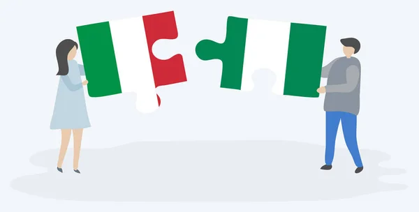 Pareja Sosteniendo Dos Piezas Rompecabezas Con Banderas Italianas Nigerianas Italia — Vector de stock