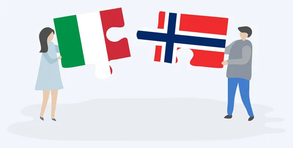 Pareja Sosteniendo Dos Piezas Rompecabezas Con Banderas Italianas Noruegas Italia — Vector de stock