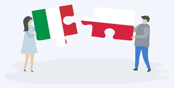 Para Trzyma Dwa Kawałki Puzzli Włoskimi Polskimi Flagami Włochy Polska — Wektor stockowy
