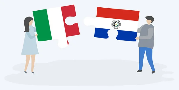 Paar Houden Twee Puzzels Stukken Met Italiaanse Paraguayaanse Vlaggen Italië — Stockvector