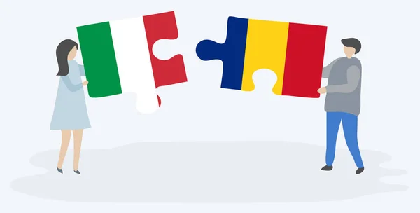 Paar Houden Twee Puzzels Stukken Met Italiaanse Roemeense Vlaggen Italië — Stockvector