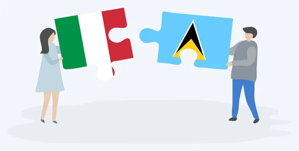 Para Trzyma Dwa Kawałki Puzzli Włoskimi Saint Lucian Flagi Włochy — Wektor stockowy