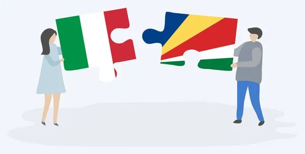 Ζευγάρι Που Κρατά Δύο Κομμάτια Παζλ Ιταλικές Και Σεϋχελλών Σημαίες — Διανυσματικό Αρχείο