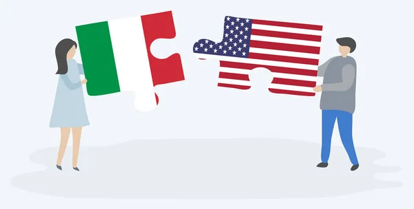 Casal Segurando Duas Peças Quebra Cabeças Com Bandeiras Italianas Americanas — Vetor de Stock