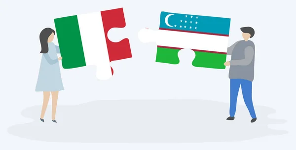 Couple Holding Two Puzzles Pieces Italian Uzbek Flags Italy Uzbekistan — Stock Vector