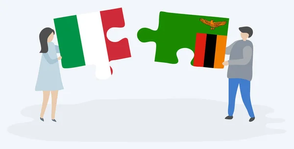 Paar Houden Twee Puzzels Stukken Met Italiaanse Zambiaanse Vlaggen Italië — Stockvector