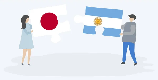 Ζευγάρι Που Κρατά Δύο Κομμάτια Παζλ Ιαπωνικές Και Αργεντινής Σημαίες — Διανυσματικό Αρχείο
