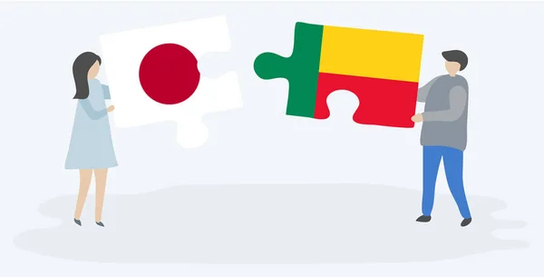 Pareja Sosteniendo Dos Piezas Rompecabezas Con Banderas Japonesas Beninesas Japón — Vector de stock