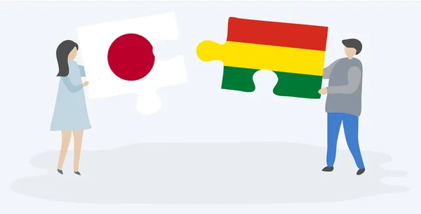 Couple Tenant Deux Pièces Puzzles Avec Des Drapeaux Japonais Boliviens — Image vectorielle