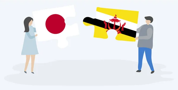 Pareja Sosteniendo Dos Piezas Rompecabezas Con Banderas Japonesas Bruneanas Japón — Vector de stock