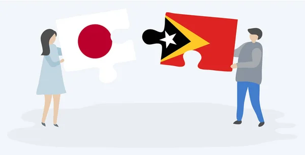 Couple Tenant Deux Pièces Puzzles Avec Des Drapeaux Japonais Timorais — Image vectorielle