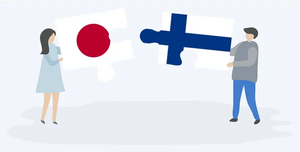 Pareja Sosteniendo Dos Piezas Rompecabezas Con Banderas Japonesas Finlandesas Japón — Archivo Imágenes Vectoriales