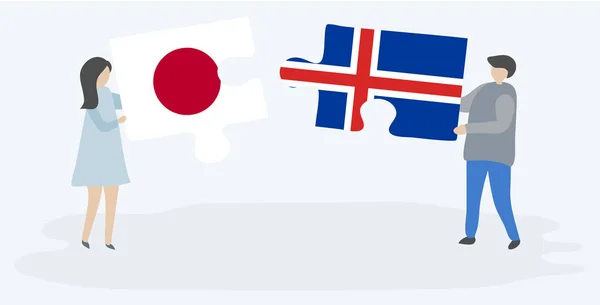 Pareja Sosteniendo Dos Piezas Rompecabezas Con Banderas Japonesas Islandesas Japón — Vector de stock