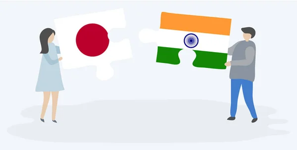 Couple Tenant Deux Pièces Puzzles Avec Des Drapeaux Japonais Indiens — Image vectorielle