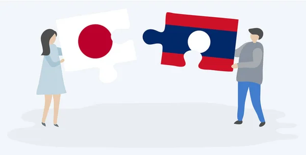 Pareja Sosteniendo Dos Piezas Rompecabezas Con Banderas Japonesas Laosianas Japón — Archivo Imágenes Vectoriales