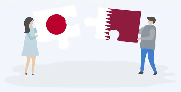 Paar Houden Twee Puzzels Stukken Met Japanse Qatari Vlaggen Japan — Stockvector
