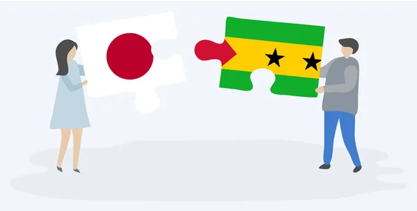 日本とサントメの旗を持つ2つのパズルピースを持つカップル 日本とサントメとプリンシペの国のシンボル — ストックベクタ