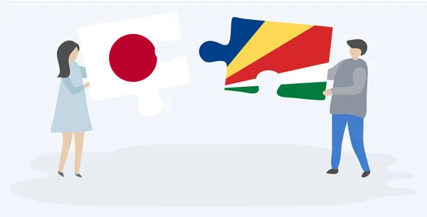 Couple Tenant Deux Pièces Puzzles Avec Des Drapeaux Japonais Seychellois — Image vectorielle