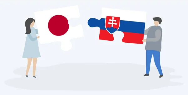 Para Trzyma Dwa Puzzli Japońskimi Słowackimi Flagami Symbole Narodowe Japonii — Wektor stockowy