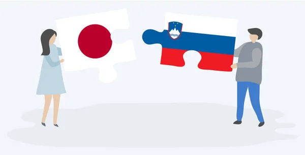 Couple Tenant Deux Pièces Puzzles Avec Des Drapeaux Japonais Slovènes — Image vectorielle