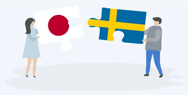Paar Houden Twee Puzzels Stukken Met Japanse Zweedse Vlaggen Japan — Stockvector