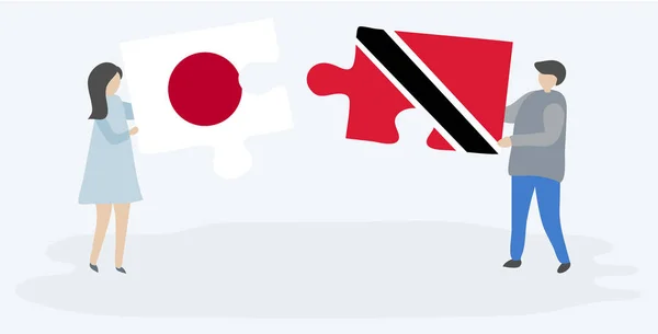 Casal Segurando Duas Peças Quebra Cabeças Com Bandeiras Japonesas Trinidadianas — Vetor de Stock
