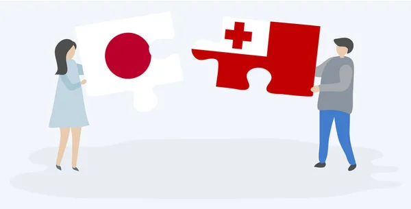 Paar Mit Zwei Puzzleteilen Mit Japanischen Und Tonganflaggen Japanische Und — Stockvektor