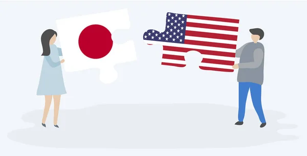 Couple Tenant Deux Pièces Puzzles Avec Des Drapeaux Japonais Américains — Image vectorielle