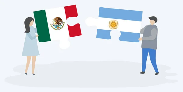 Paar Mit Zwei Puzzleteilen Mit Mexikanischen Und Argentinischen Flaggen Nationalsymbole — Stockvektor