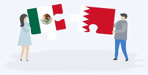 Casal Segurando Dois Quebra Cabeças Peças Com Bandeiras Mexicanas Bahrein —  Vetores de Stock