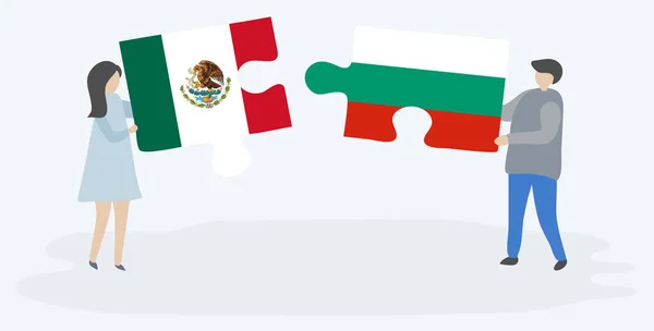 メキシコとブルガリアの旗と2つのパズルのピースを保持しているカップル メキシコとブルガリアのシンボル — ストックベクタ