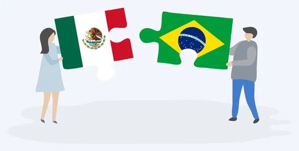 メキシコとブラジルの旗と2つのパズルのピースを保持しているカップル メキシコとブラジルの国民記号 — ストックベクタ