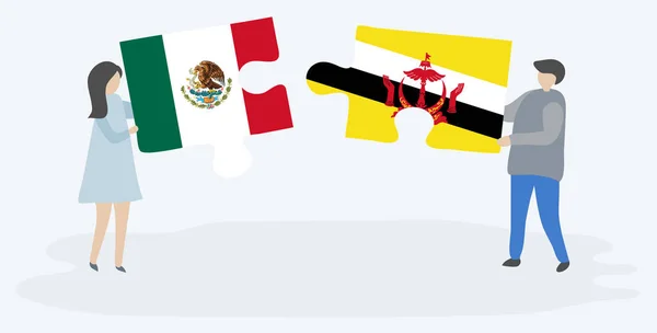 Paar Mit Zwei Puzzleteilen Mit Mexikanischen Und Bruneischen Flaggen Mexiko — Stockvektor