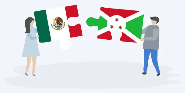 Pareja Sosteniendo Dos Piezas Rompecabezas Con Banderas Mexicanas Burundesas México — Vector de stock