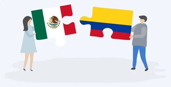 Couple Tenant Deux Pièces Puzzles Avec Des Drapeaux Mexicains Colombiens — Image vectorielle